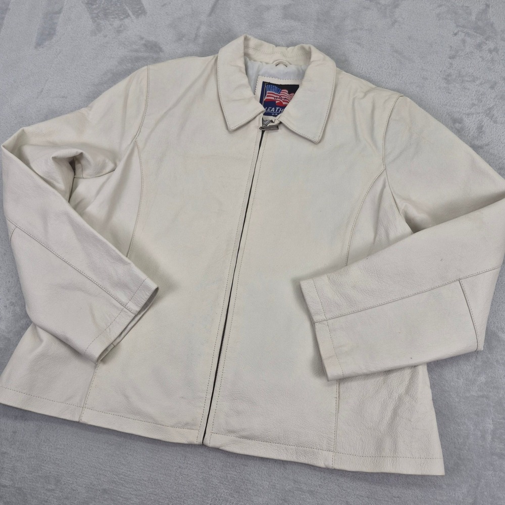 USA Leather Jacket Cream White Zip Front Collared Womens Classic Coat L XL